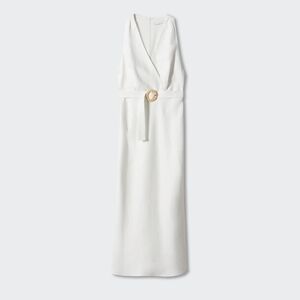 Mango Belted White Linen Midi Dress NWT